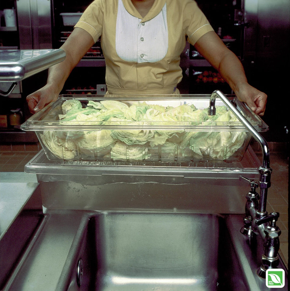 Rubbermaid FG330300CLR Polycarbonate Food / Tote Box Colander/Drain Tray 26"L x 18"W x 5"H - Clear