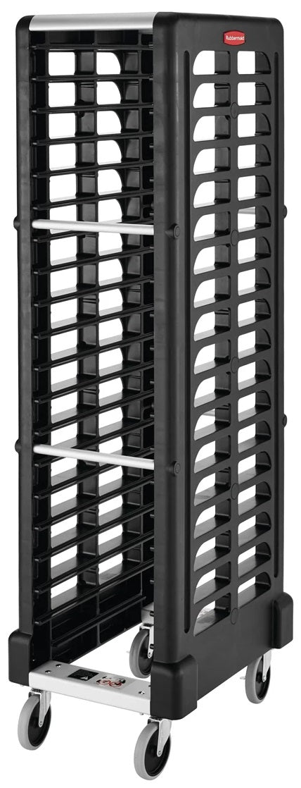 Rubbermaid FG331700BLA Max System Heat-Resistant Plastic End Load Mobile Food Pan Rack 67-7/8"H -18 Full Size Pan/Capacity - Black - Unassembled