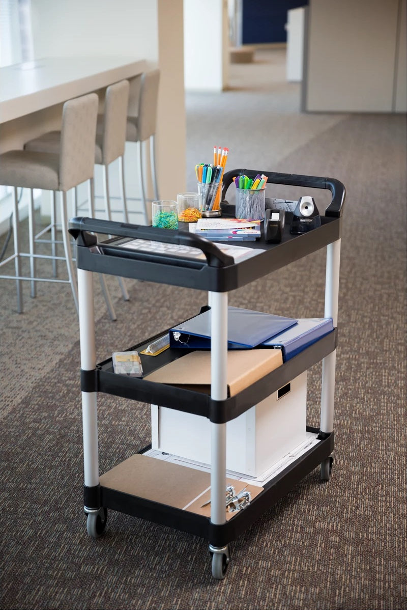 Rubbermaid FG342488BLA 3 Shelf Utility Cart / Bus Cart 33" x 18" x 37"H - Black - 200 lb. Capacity