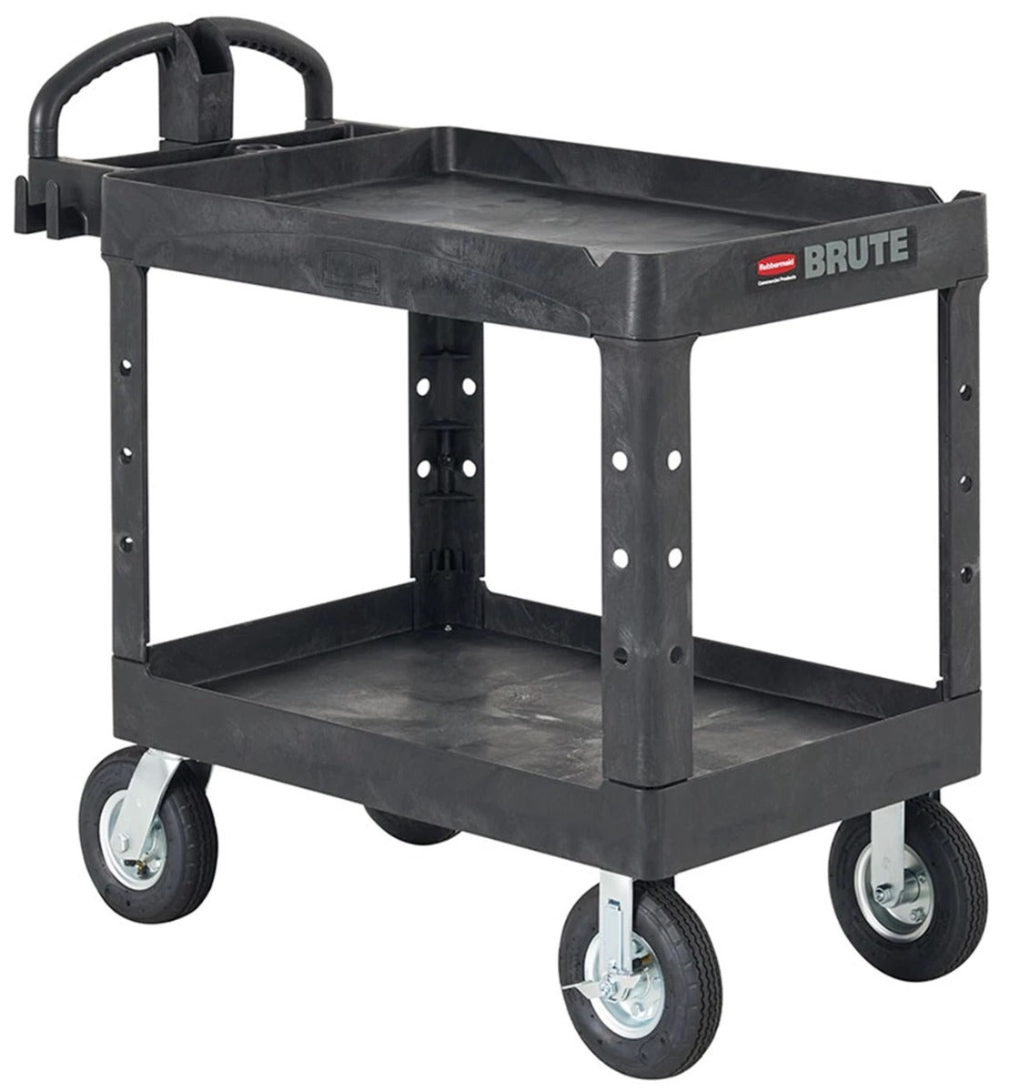 Rubbermaid FG452010BLA Medium Size (2) Lipped Shelf Heavy-Duty Utility Cart with Ergonomic Handle and 8" Pneumatic Casters 45-1/4"L x 25-7/8"W x 37-1/8"H - Black - 500 lb. Capacity
