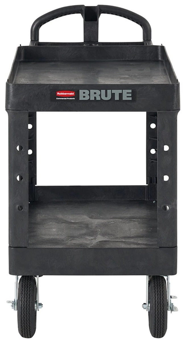 Rubbermaid FG452010BLA Medium Size (2) Lipped Shelf Heavy-Duty Utility Cart with Ergonomic Handle and 8" Pneumatic Casters 45-1/4"L x 25-7/8"W x 37-1/8"H - Black - 500 lb. Capacity