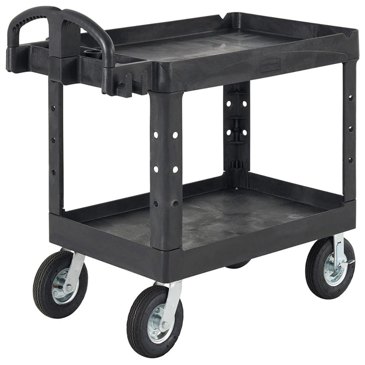 Rubbermaid FG452010BLA Medium Size (2) Lipped Shelf Heavy-Duty Utility Cart with Ergonomic Handle and 8" Pneumatic Casters 45-1/4"L x 25-7/8"W x 37-1/8"H - Black - 500 lb. Capacity