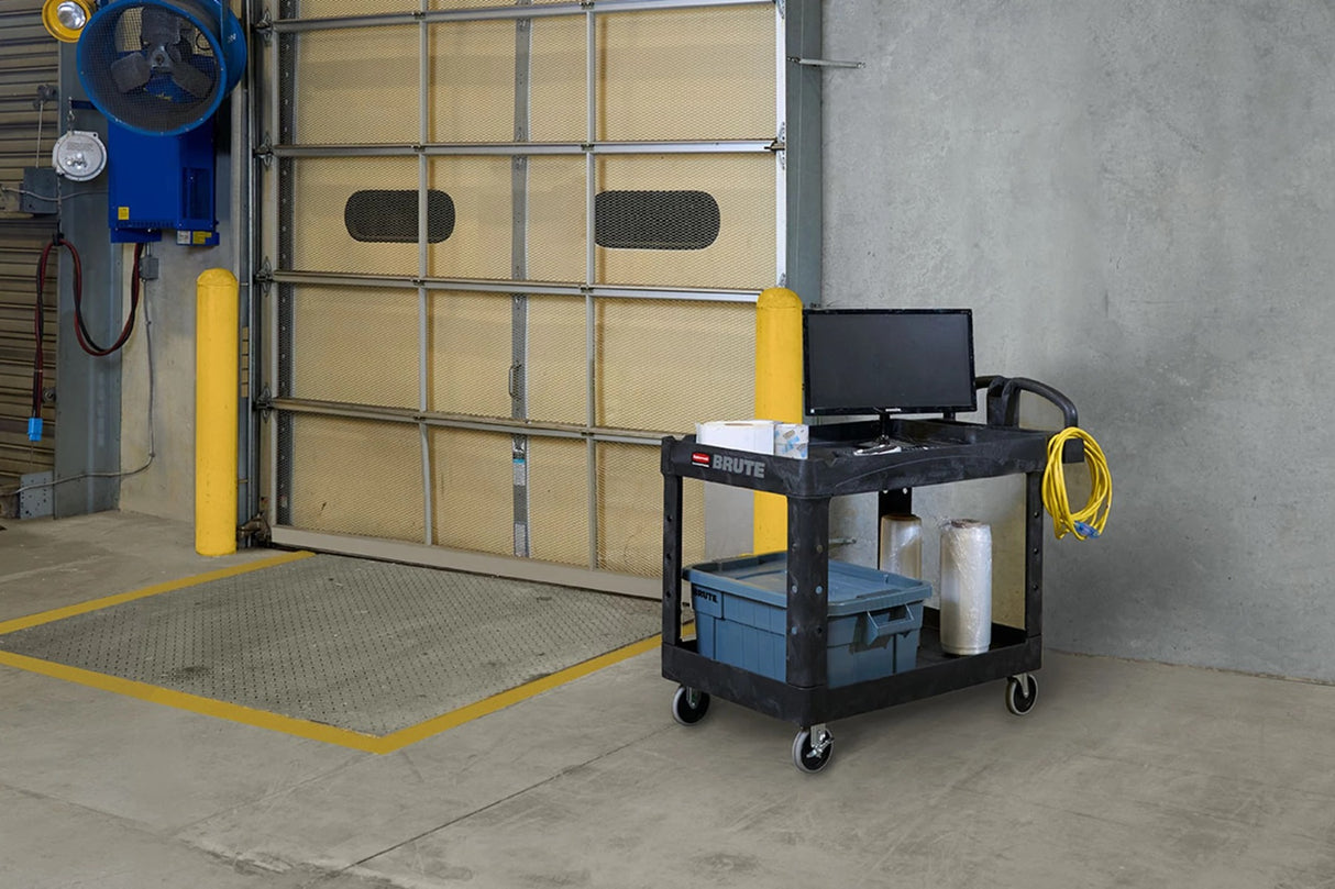Rubbermaid FG452088BLA Medium Size (2) Lipped Shelf Heavy-Duty Utility Cart with Ergonomic Handle and 8" Pneumatic Casters 44"L x 25-1/4"W x 39"H - Black - 500 lb. Capacity