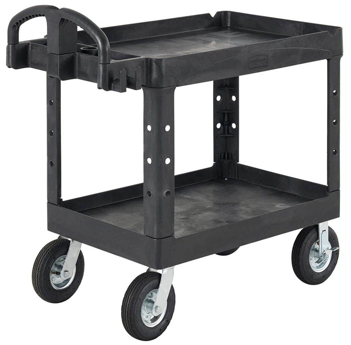 Rubbermaid FG452088BLA Medium Size (2) Lipped Shelf Heavy-Duty Utility Cart with Ergonomic Handle and 8" Pneumatic Casters 44"L x 25-1/4"W x 39"H - Black - 500 lb. Capacity
