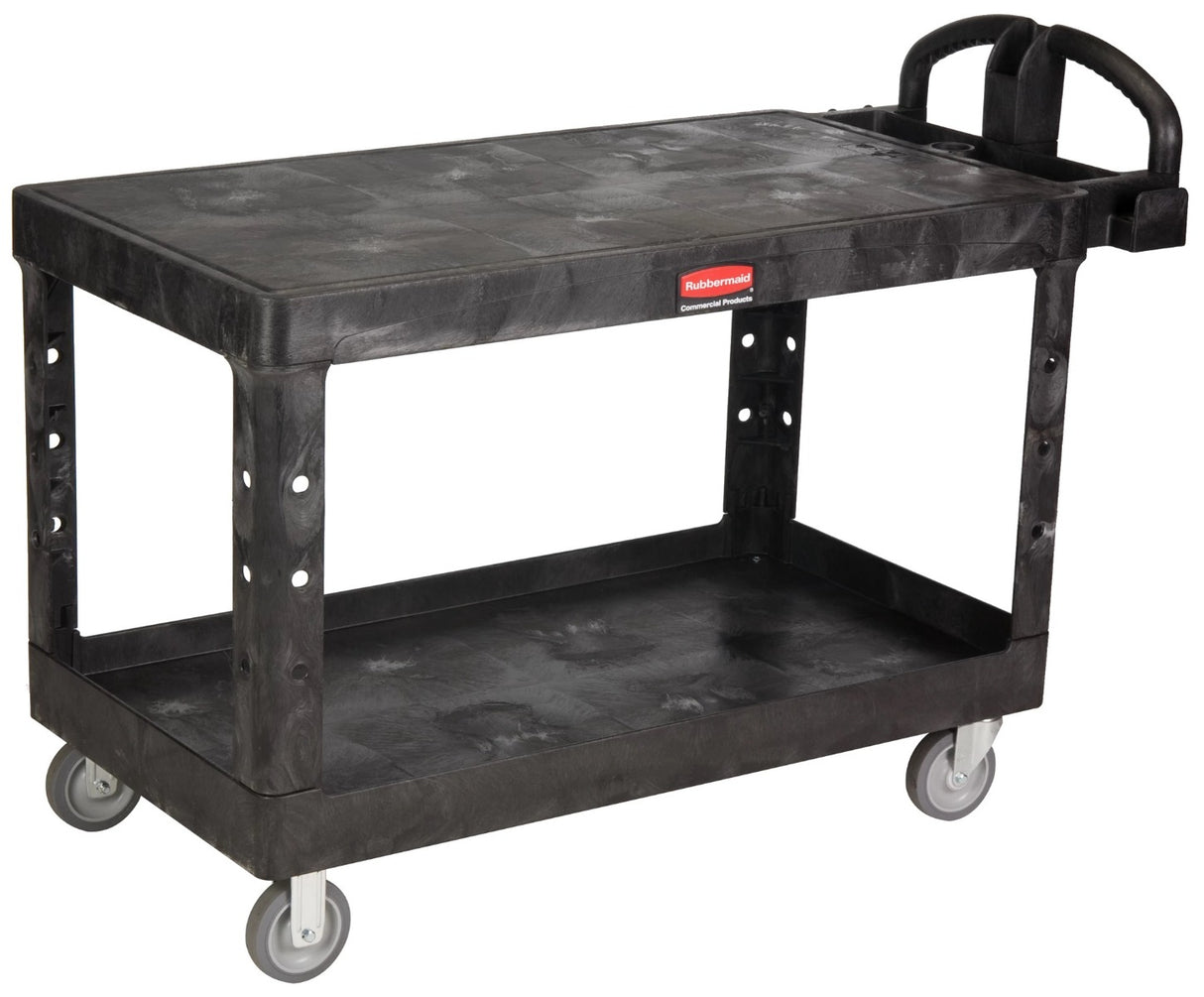Rubbermaid FG454500BLA Large Size (2) Flat Shelf Heavy-Duty Utility Cart with Extended Handle 54"L x 25-1/4"W x 36"H - Black - 750 lb. Capacity