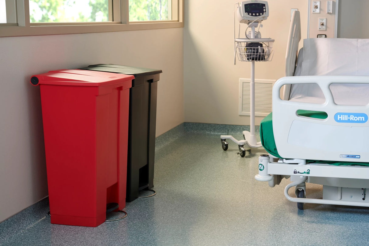 Rubbermaid FG614600RED Plastic Rectangular Front Step-On Container / Trash Can 23 Gal. - Red