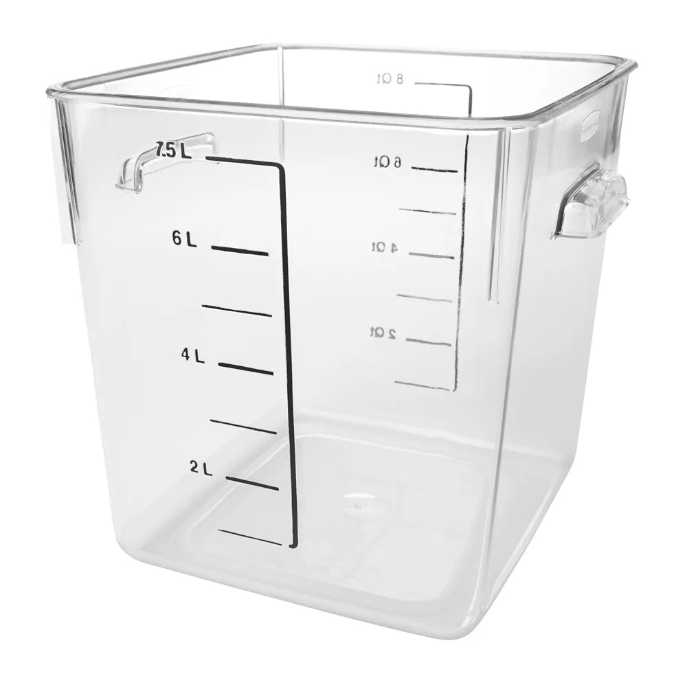 Rubbermaid FG630800CLR Plastic Space-Saving Square Food Storage Container with Liter and Qt. Gradations 8 qt. - Clear