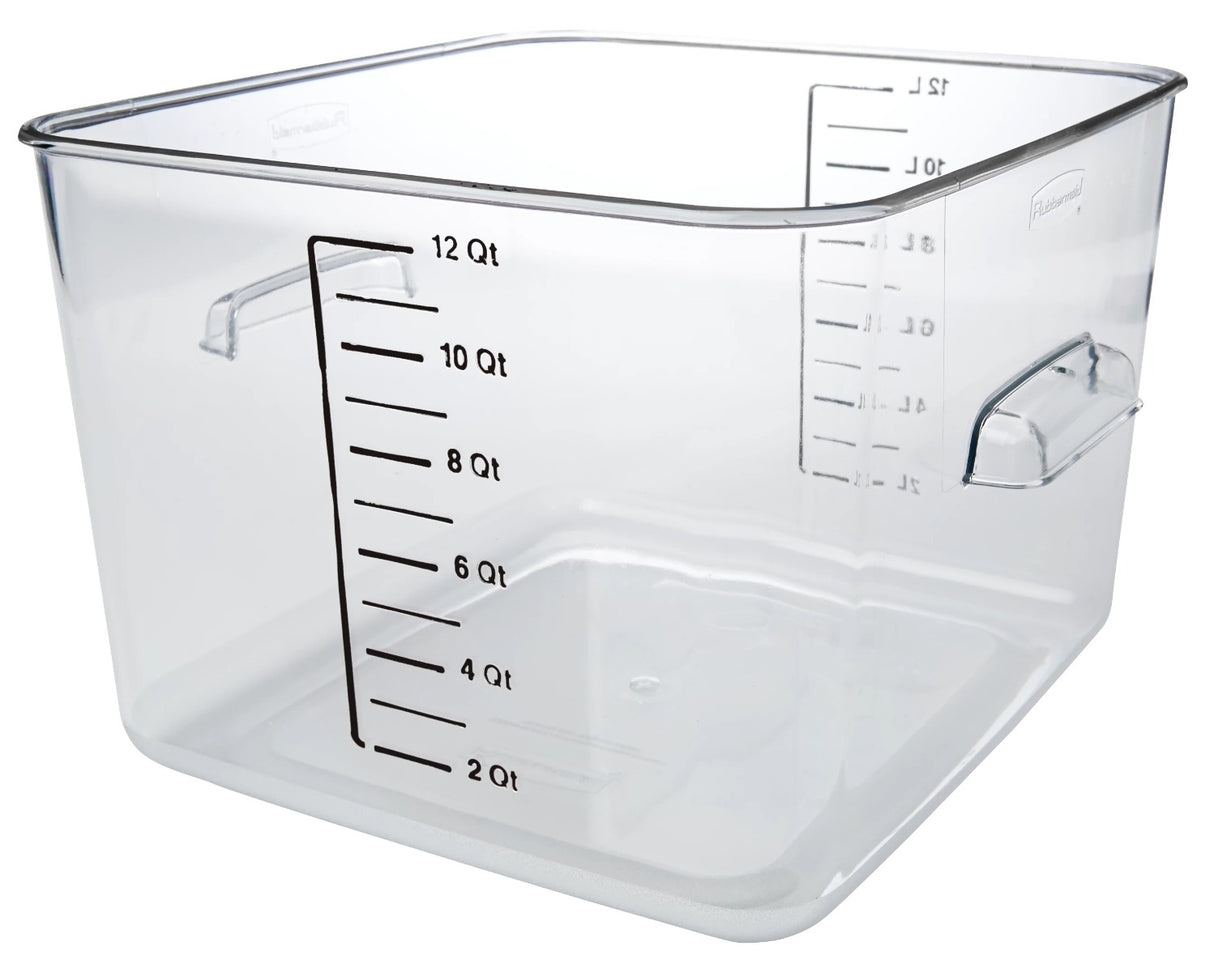 Rubbermaid FG631200CLR Space Saving Plastic Square Food Storage Container with Liter and Qt Graduations 12 Qt. - Clear
