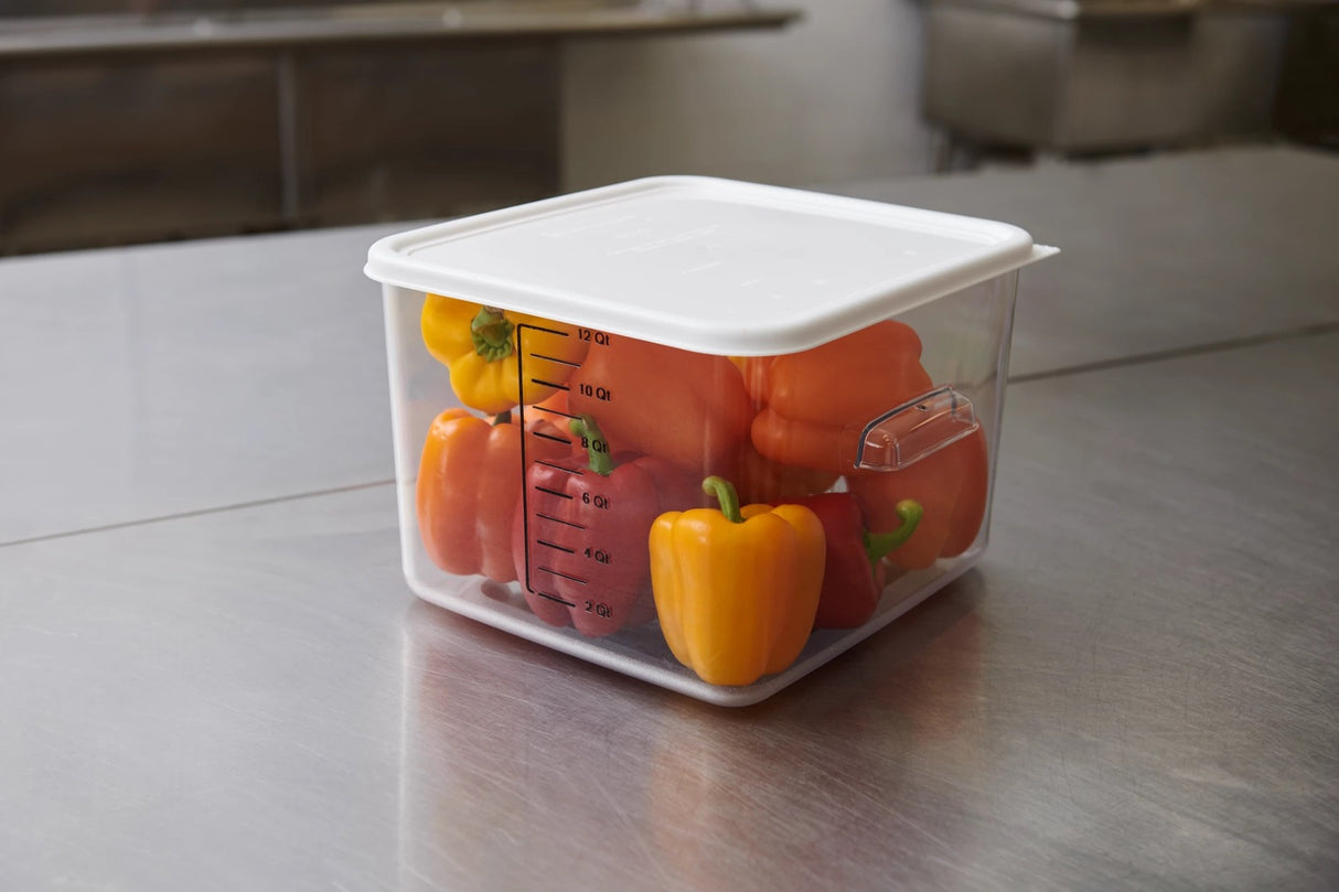 Rubbermaid FG631200CLR Space Saving Plastic Square Food Storage Container with Liter and Qt Graduations 12 Qt. - Clear