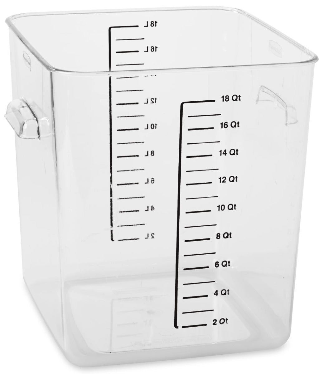 Rubbermaid FG631800CLR Space Saving Plastic Square Food Storage Container with Liter and Qt Graduations 18 Qt. - Clear