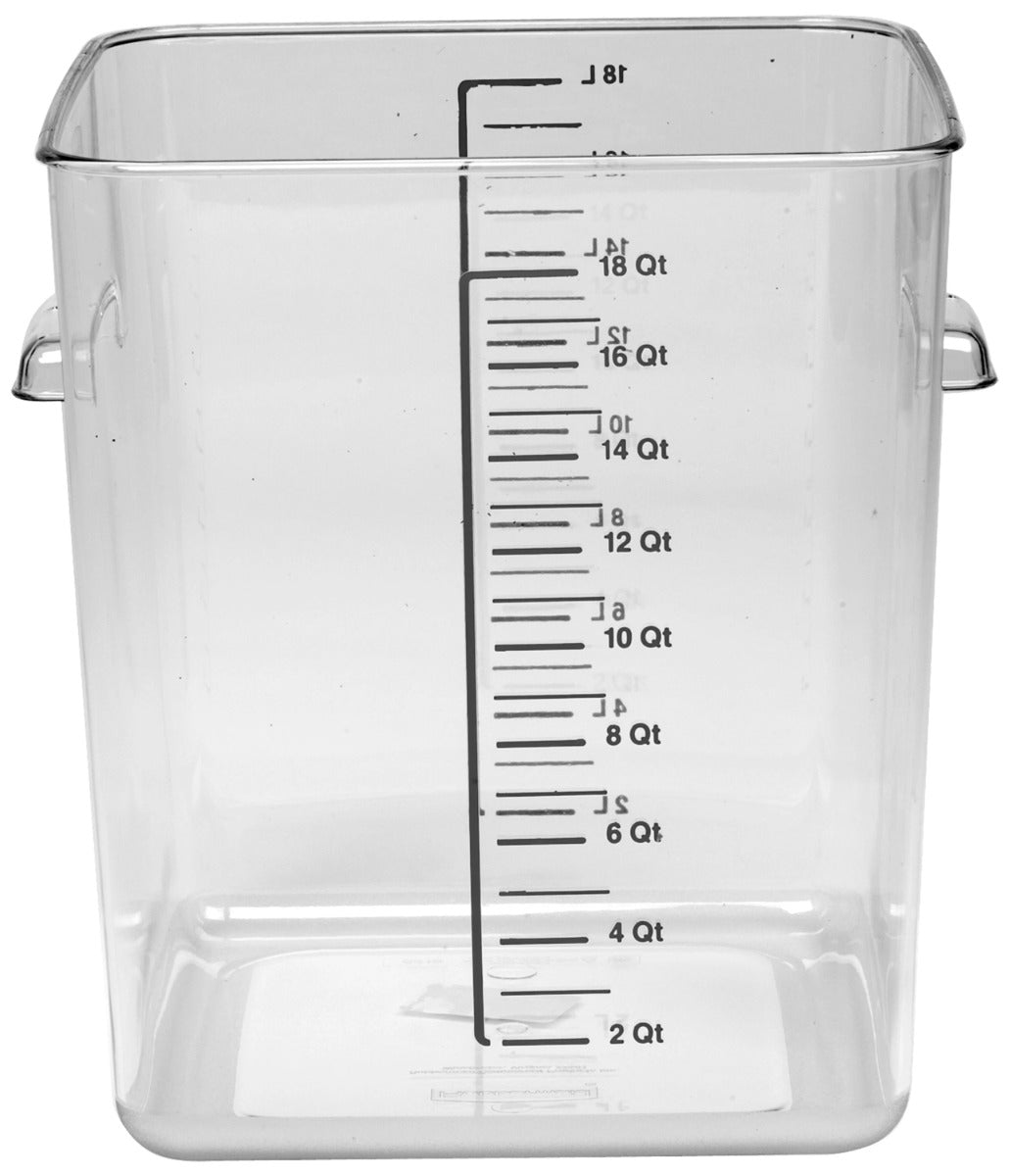 Rubbermaid FG631800CLR Space Saving Plastic Square Food Storage Container with Liter and Qt Graduations 18 Qt. - Clear