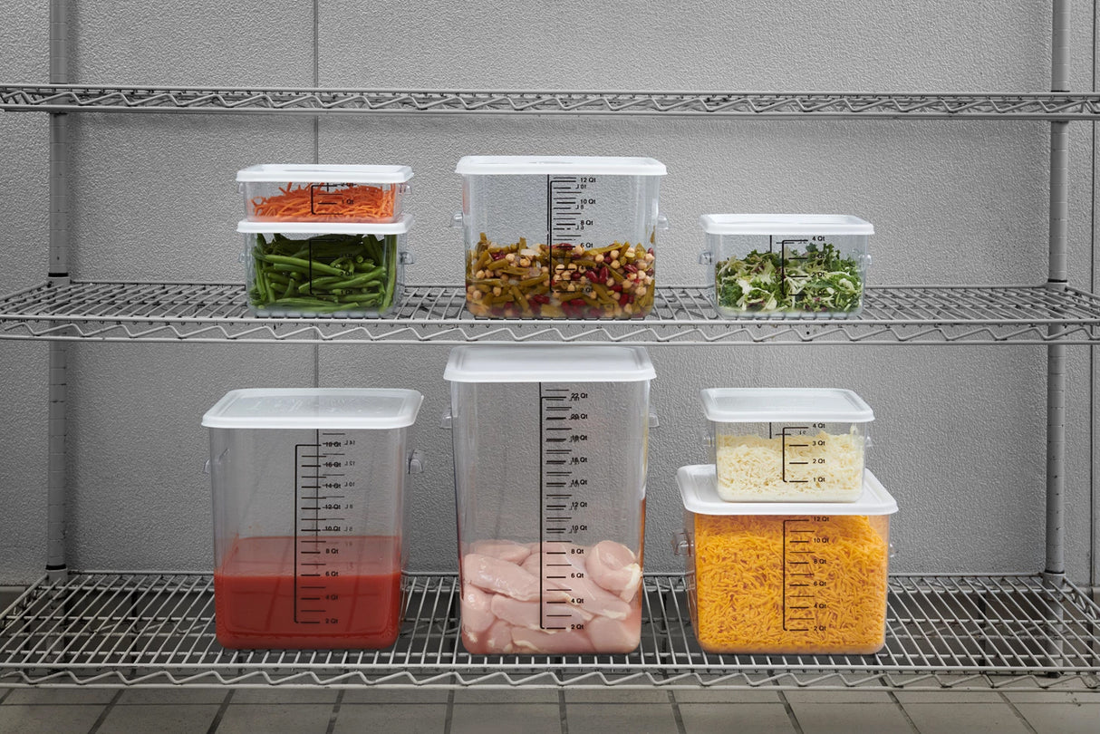Rubbermaid FG632200CLR Plastic Space-Saving Square Food Storage Container with Liter and Qt. Gradations 22 qt. - Clear