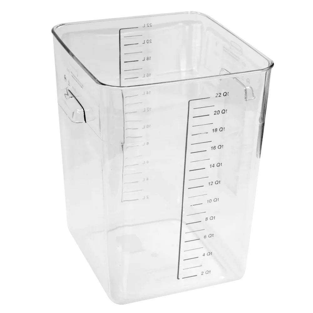 Rubbermaid FG632200CLR Plastic Space-Saving Square Food Storage Container with Liter and Qt. Gradations 22 qt. - Clear