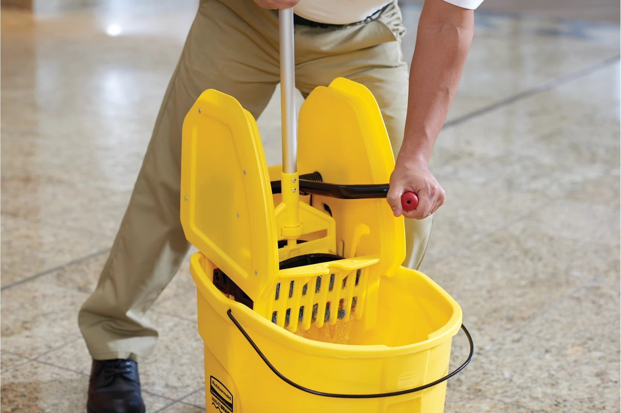 Rubbermaid FG757688YEL WaveBrake Down-Press Bucket and Wringer with Drain 44 Qt. - Yellow