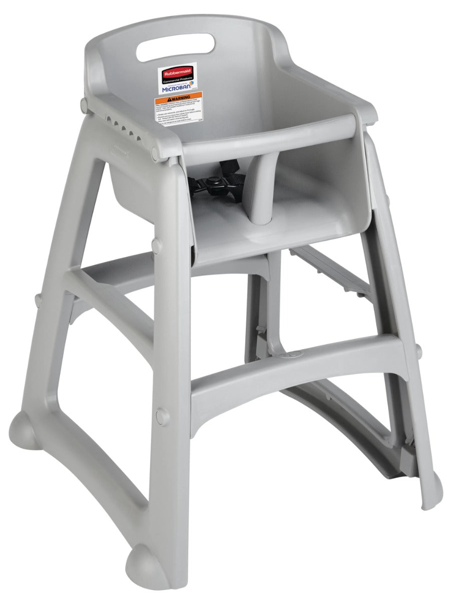 Rubbermaid FG780508PLAT Sturdy Chair Stackable Plastic High Chair / Youth Seat with Waist Strap & Wheels - Platinum - Assembled