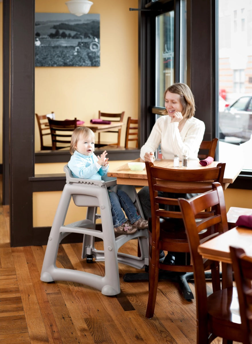Rubbermaid FG780508PLAT Sturdy Chair Stackable Plastic High Chair / Youth Seat with Waist Strap & Wheels - Platinum - Assembled