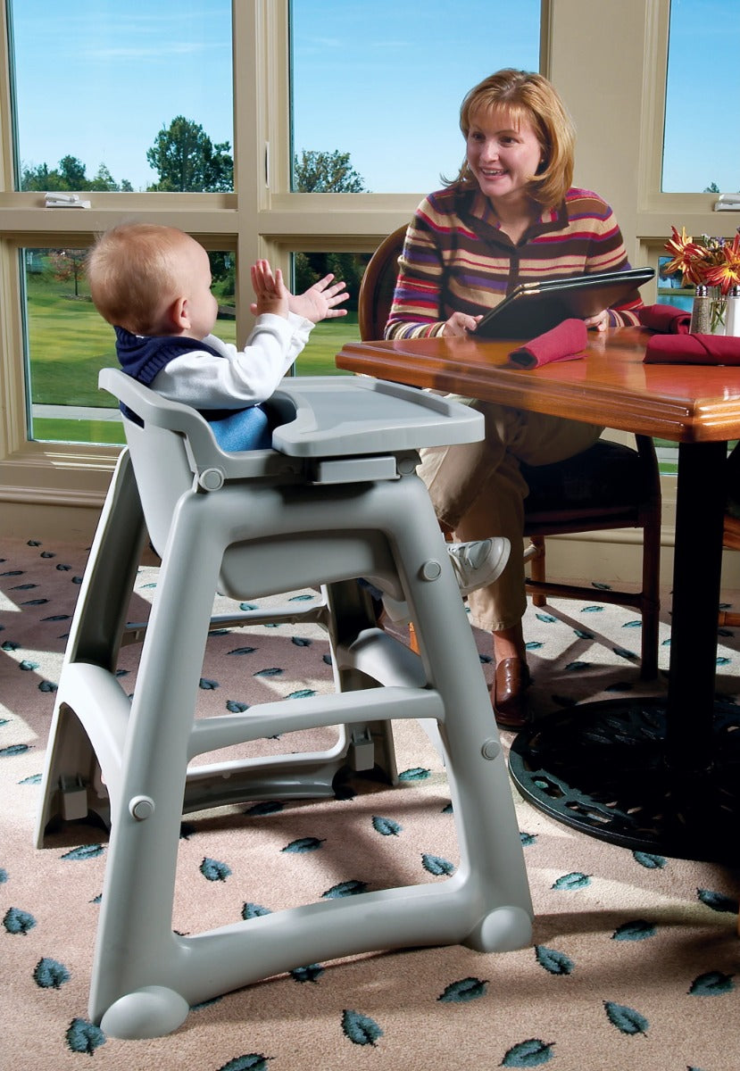 Rubbermaid FG780508PLAT Sturdy Chair Stackable Plastic High Chair / Youth Seat with Waist Strap & Wheels - Platinum - Assembled