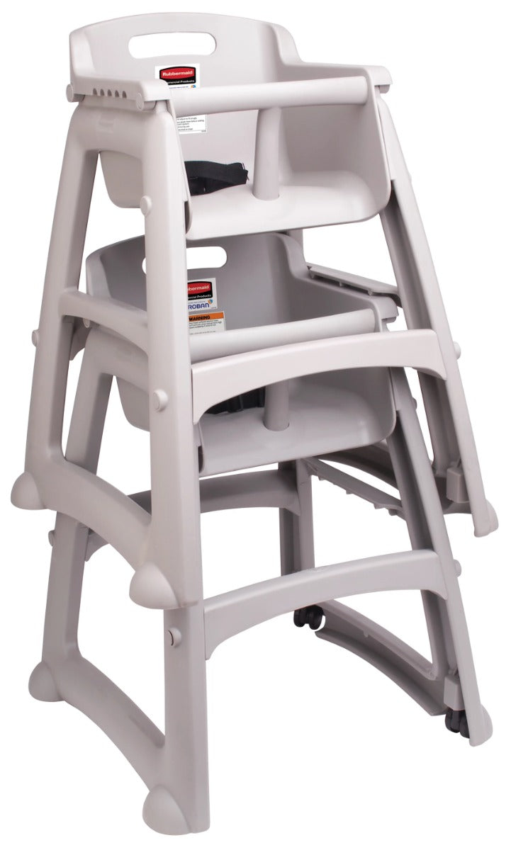 Rubbermaid FG780508PLAT Sturdy Chair Stackable Plastic High Chair / Youth Seat with Waist Strap & Wheels - Platinum - Assembled