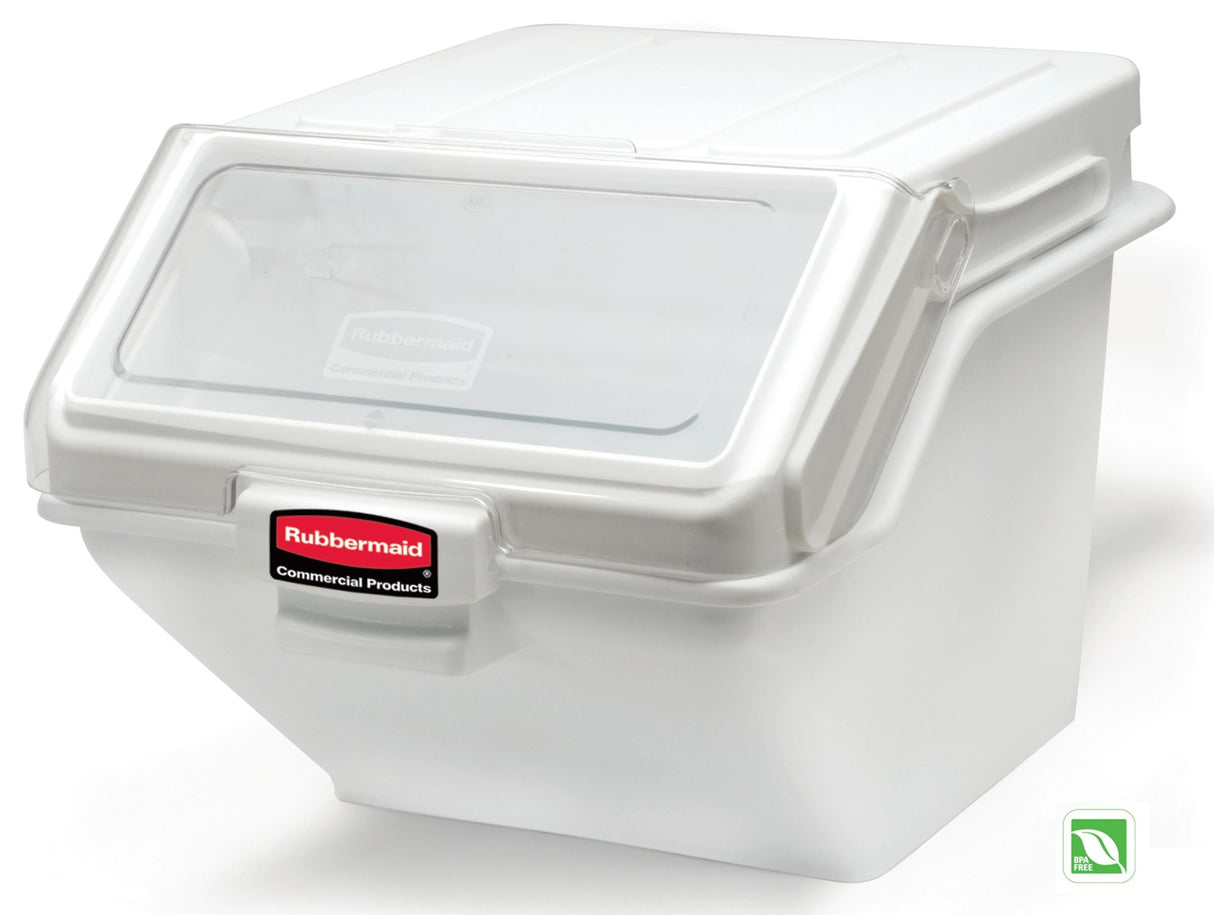 Rubbermaid FG9G5800WHT ProSave Safety Storage Shelf Ingredient Bin with Sliding Lid & Scoop - 12.6 Gallon / 200 Cup Capacity