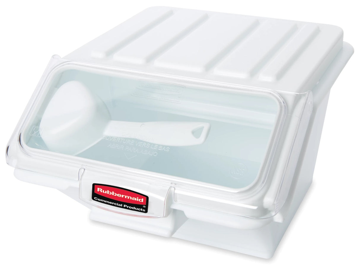 Rubbermaid FG9G6000WHT ProSave Safety Storage Shelf Ingredient Bin with Sliding Lid & Scoop - 2.6 Gallon / 40 Cup Capacity