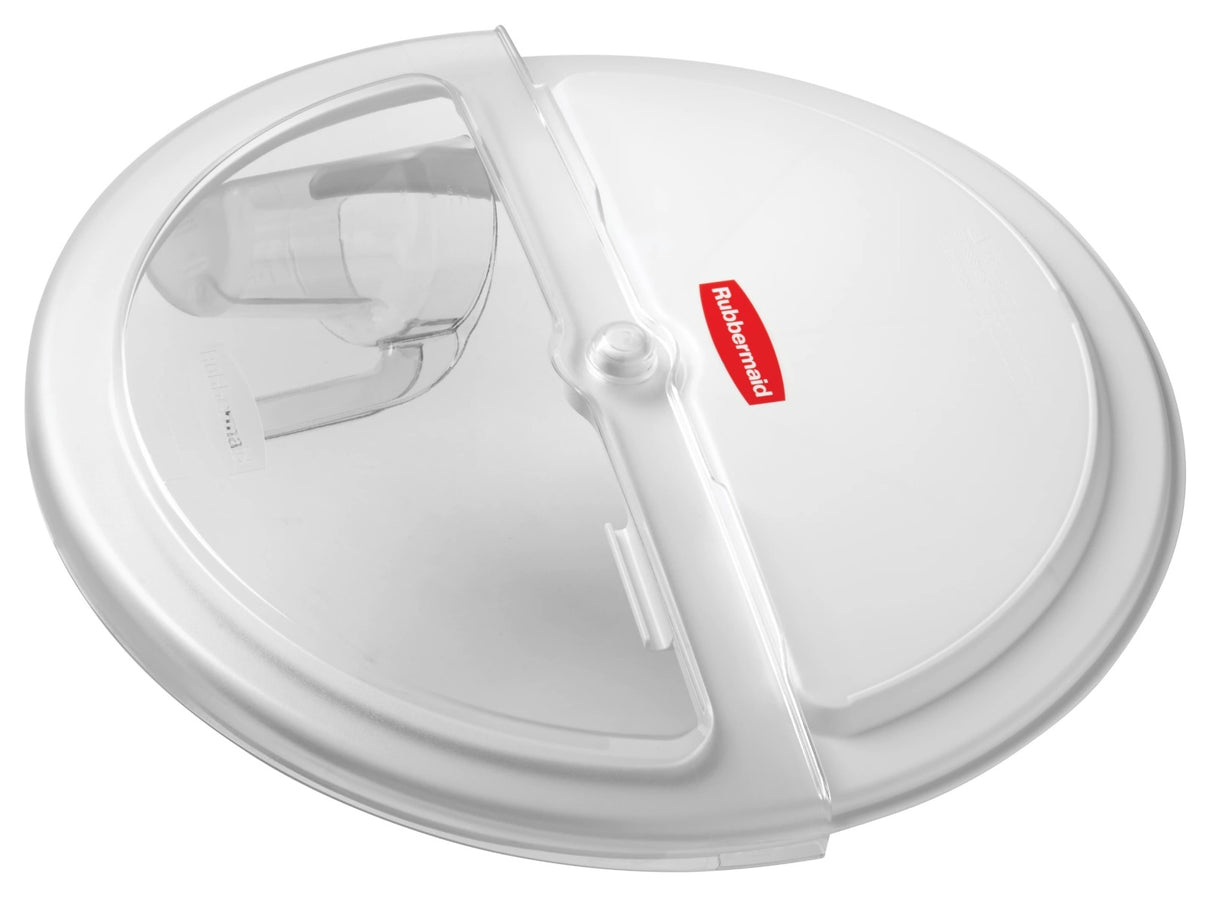 Rubbermaid FG9G7800WHT ProSave Round Flat Lid with 4-Cup Scoop & Clear Rotating Sliding Door - White - fits BRUTE 2632 Containers