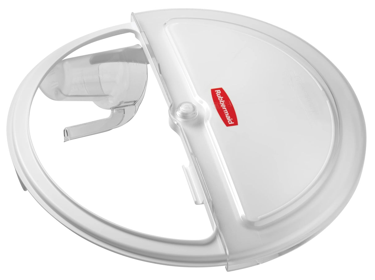Rubbermaid FG9G7800WHT ProSave Round Flat Lid with 4-Cup Scoop & Clear Rotating Sliding Door - White - fits BRUTE 2632 Containers