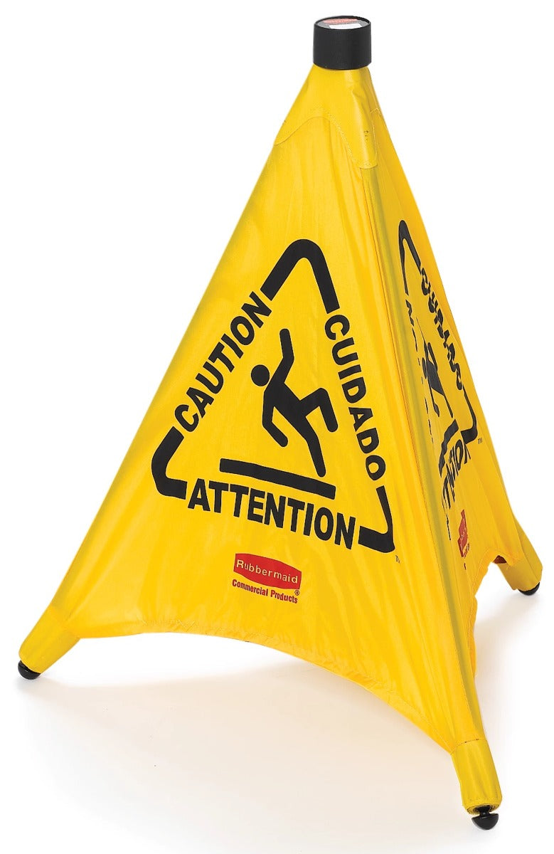 Rubbermaid FG9S0000YEL Multi-Lingual "Caution" Wet Floor Pop-Up Floor Cone Safety Sign with Wall-Mounted Case 20" - Yellow