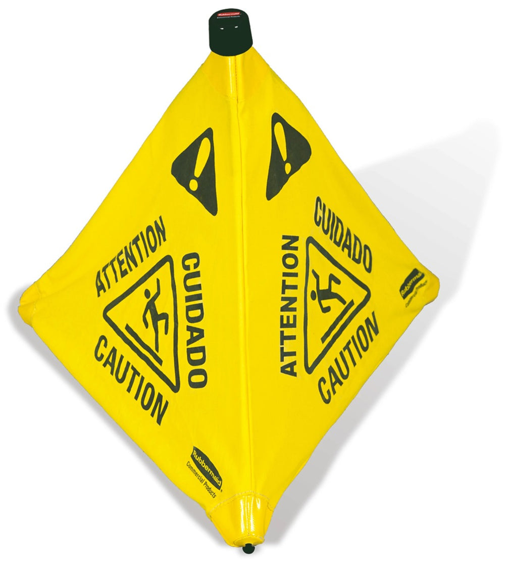 Rubbermaid FG9S0100YEL Multi-Lingual "Caution" Wet Floor Pop-Up Floor Cone Safety Sign with Wall-Mounted Case 30" - Yellow