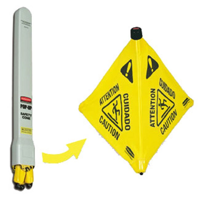 Rubbermaid FG9S0100YEL Multi-Lingual "Caution" Wet Floor Pop-Up Floor Cone Safety Sign with Wall-Mounted Case 30" - Yellow