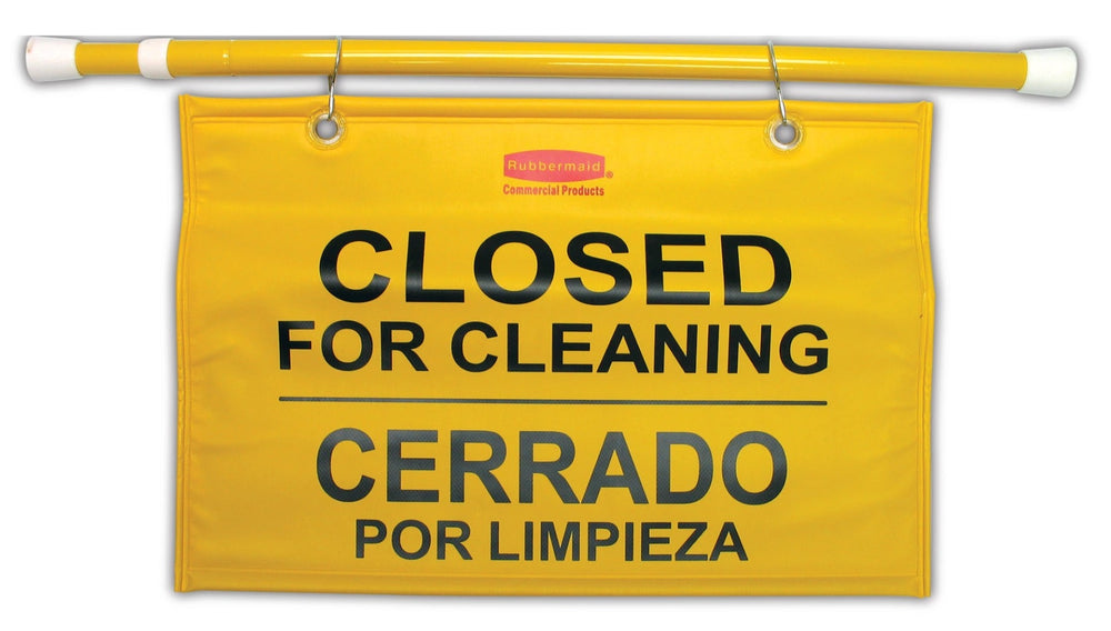 Rubbermaid FG9S1600YEL Multi-Lingual "Closed For Cleaning" Hanging Doorway Safety Sign 44"W x 13"H - Yellow