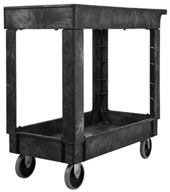 Rubbermaid FG9T6600BLA 500 lb. Small 2 Shelf Heavy-Duty Utility Cart with Lipped Shelf 34" x 17" x 31"H - Black