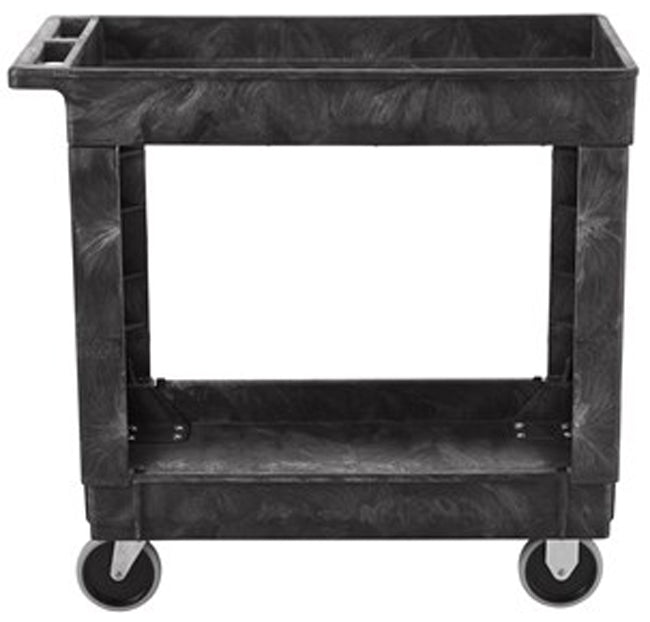Rubbermaid FG9T6600BLA 500 lb. Small 2 Shelf Heavy-Duty Utility Cart with Lipped Shelf 34" x 17" x 31"H - Black