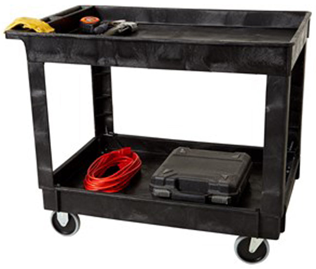 Rubbermaid FG9T6700BLA 500 lb. Medium 2 Shelf Heavy-Duty Utility Cart with Lipped Shelf 40" x 25" x 32"H - Black