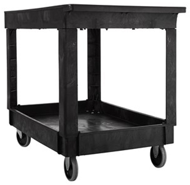 Rubbermaid FG9T6700BLA 500 lb. Medium 2 Shelf Heavy-Duty Utility Cart with Lipped Shelf 40" x 25" x 32"H - Black