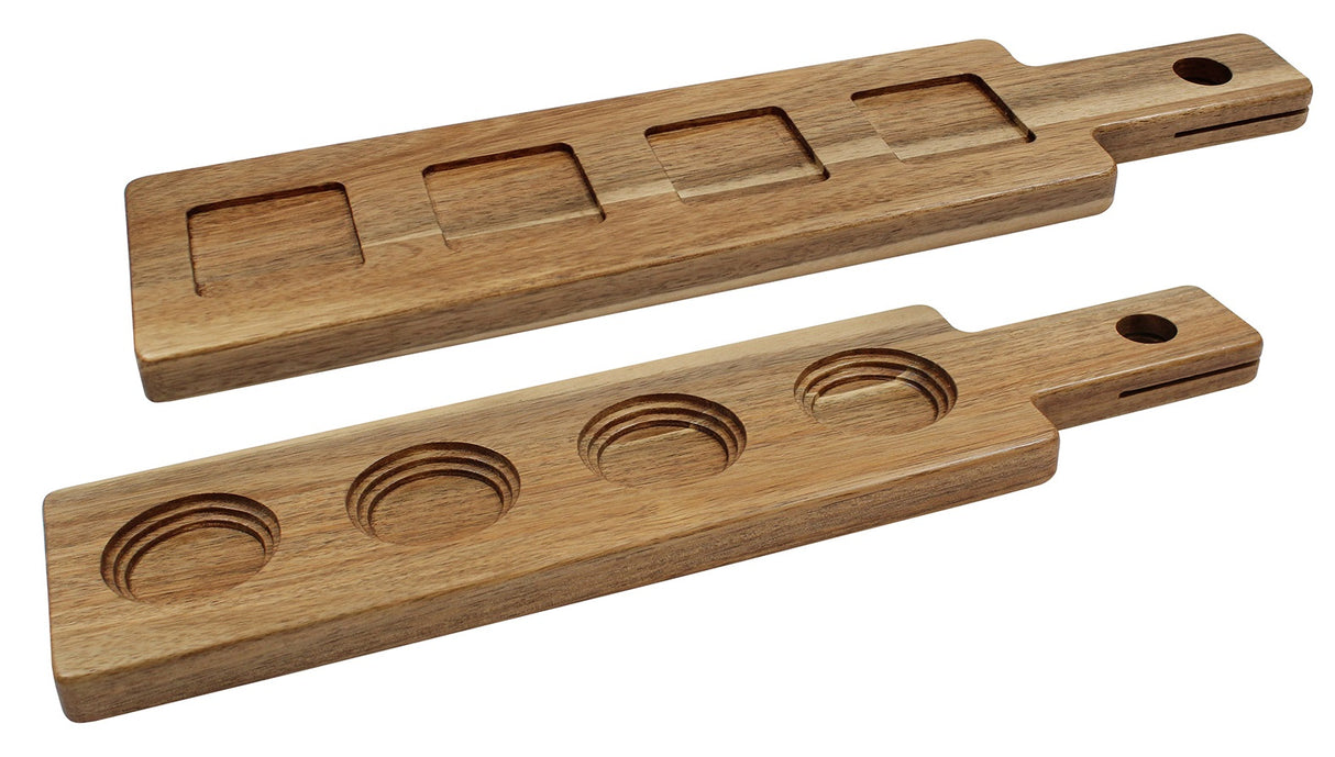 TableCraft FLIGHT2 Reversible Acacia Wood Paddle Tasting Flight 17" x 4" x 5/8" - Holds (4) Glasses (Not Included)