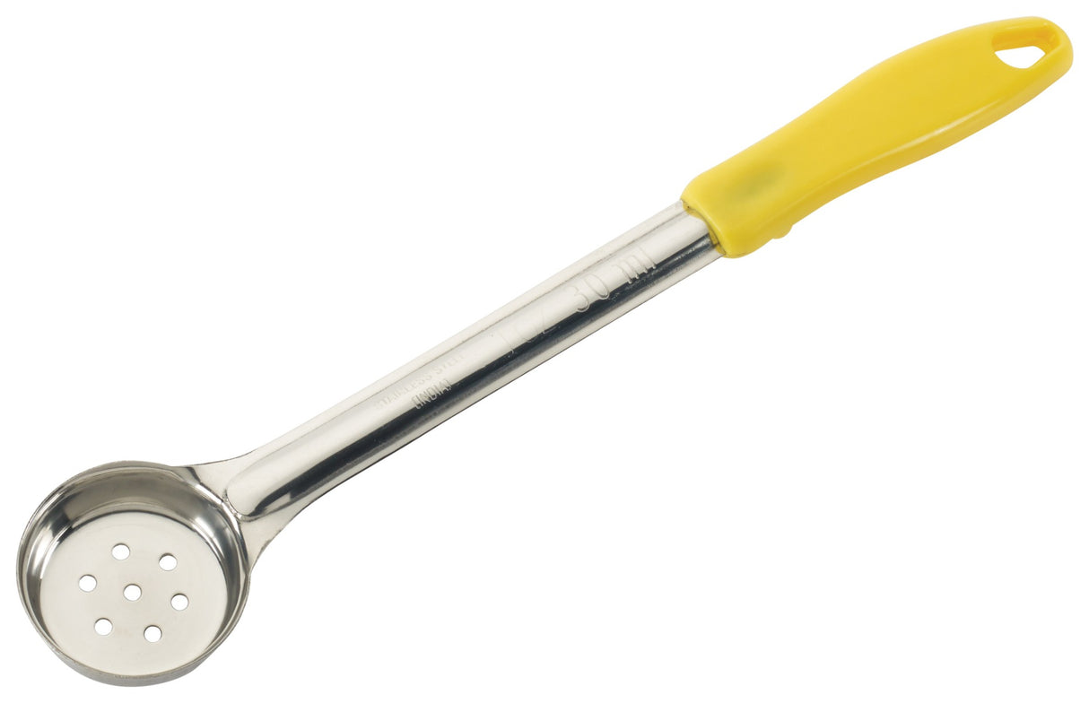 Winco FPP-1 One-Piece Stainless Steel Perforated Round Food Portioner with Yellow Plastic Handle 1 oz.