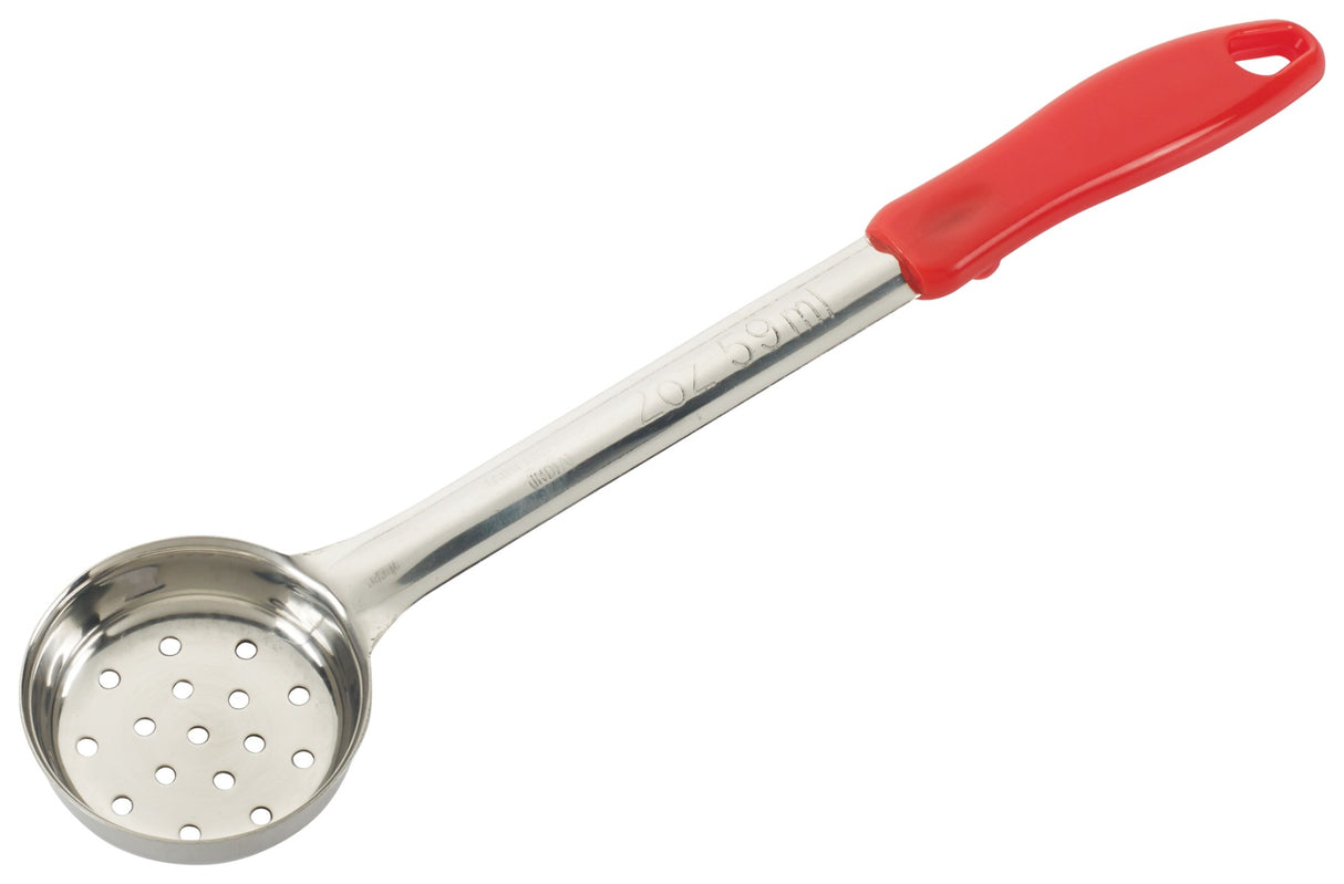 Winco FPP-2 One-Piece Stainless Steel Perforated Round Food Portioner with Red Plastic Handle 2 oz.