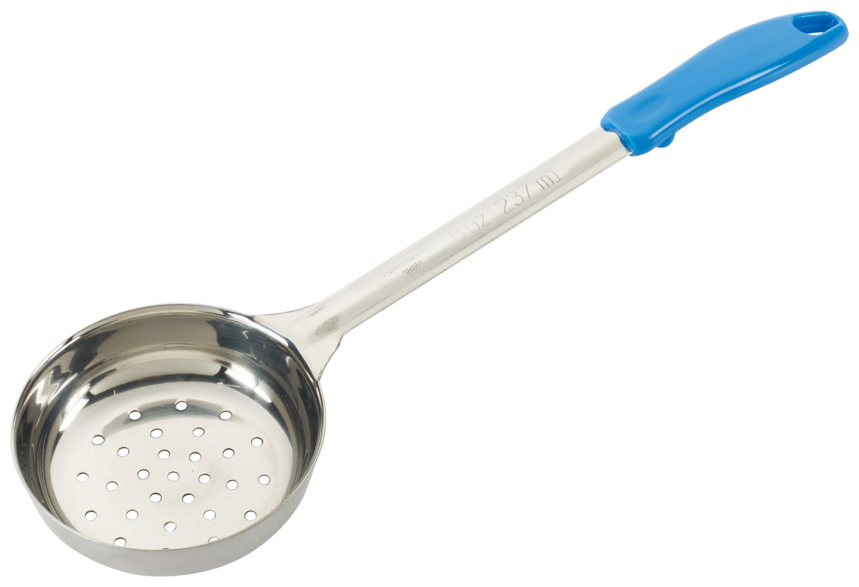 Winco FPP-8 One-Piece Stainless Steel Perforated Round Food Portioner with Blue Plastic Handle 8 oz. - 72/Case