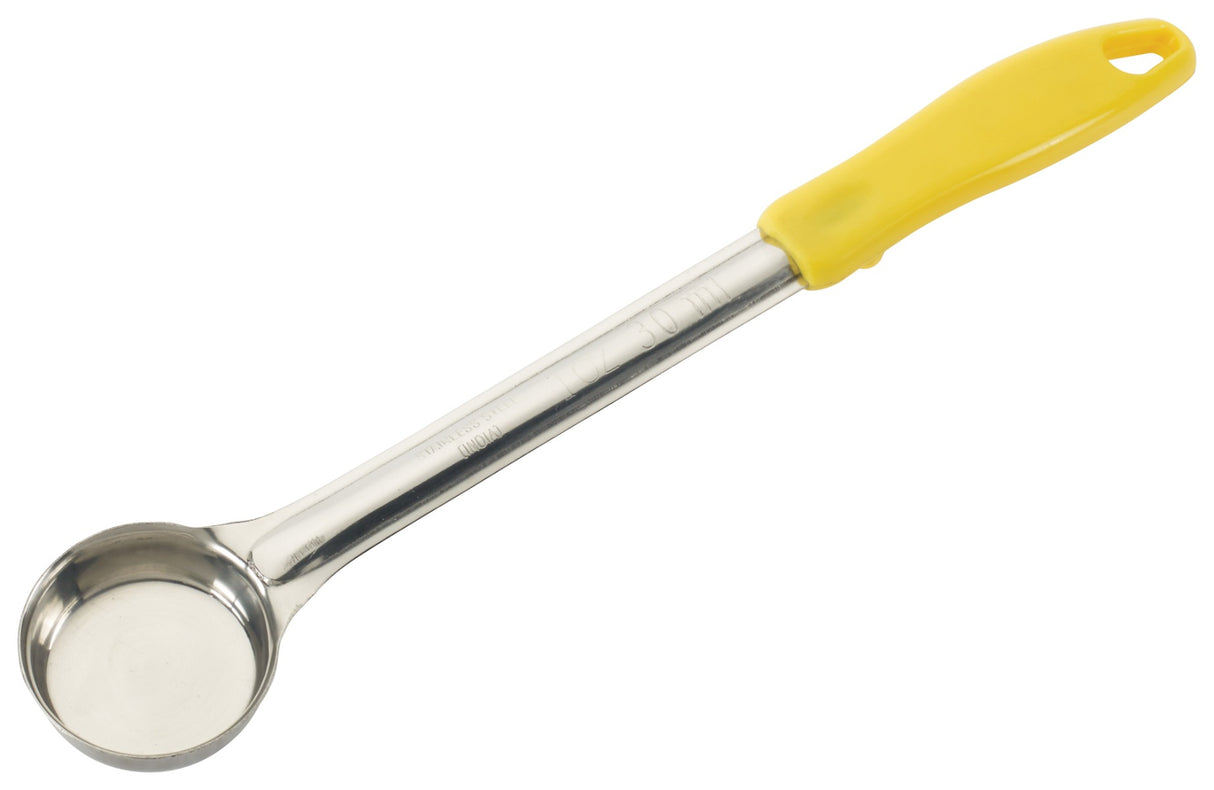 Winco FPS-1 One-Piece Stainless Steel Solid Round Food Portioner with Yellow Plastic Handle 1 oz. - 12/Case