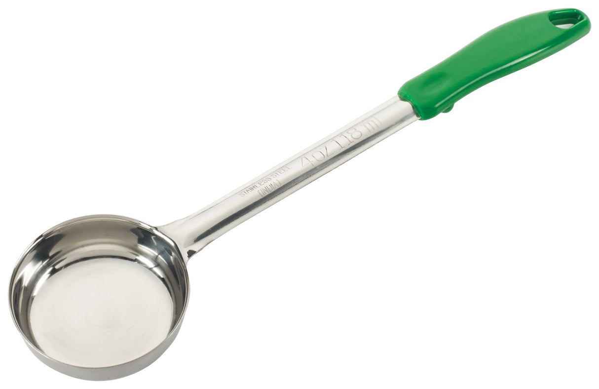 Winco FPS-4 One-Piece Stainless Steel Solid Round Food Portioner with Green Plastic Handle 4 oz. - 12/Case