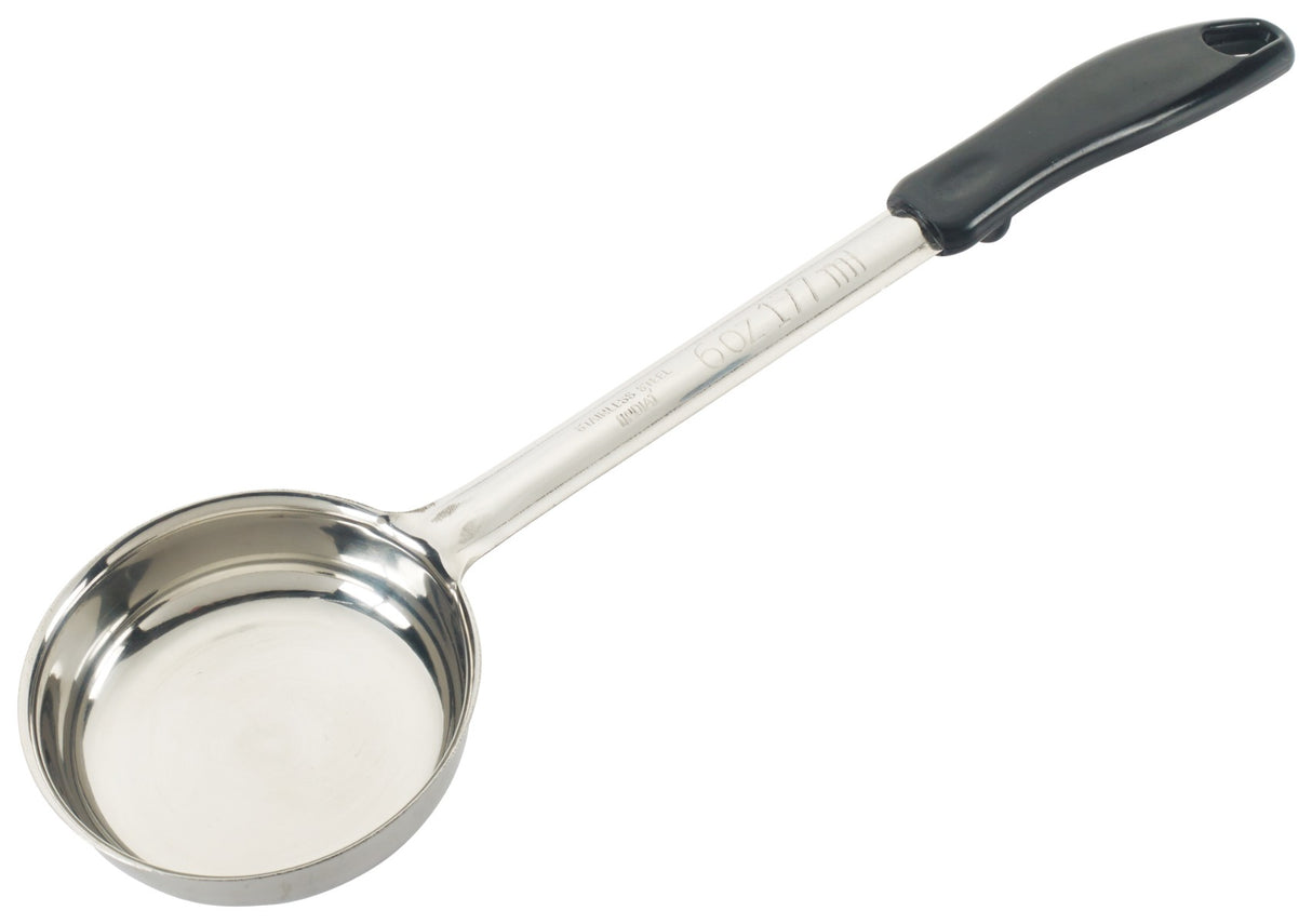 Winco FPS-6 One-Piece Stainless Steel Solid Round Food Portioner with Black Handle 6 oz.