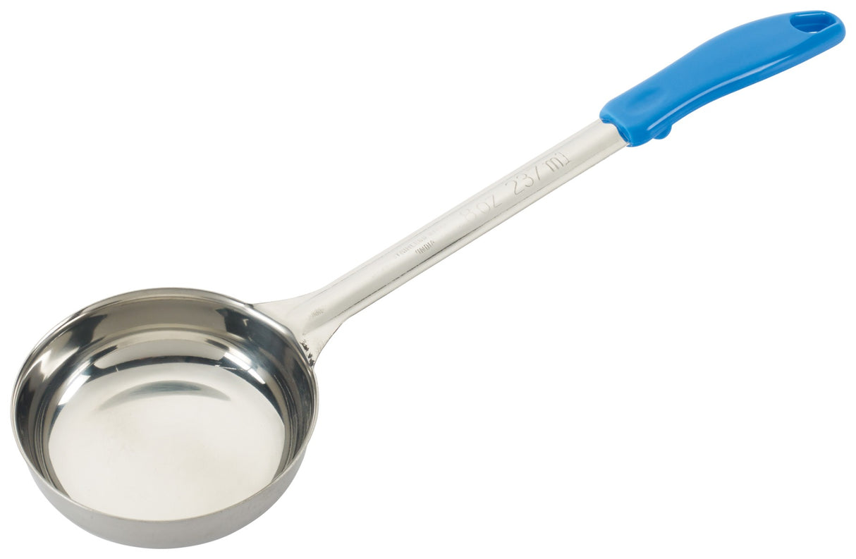 Winco FPS-8 One-Piece Stainless Steel Solid Round Food Portioner with Blue Plastic Handle 8 oz.