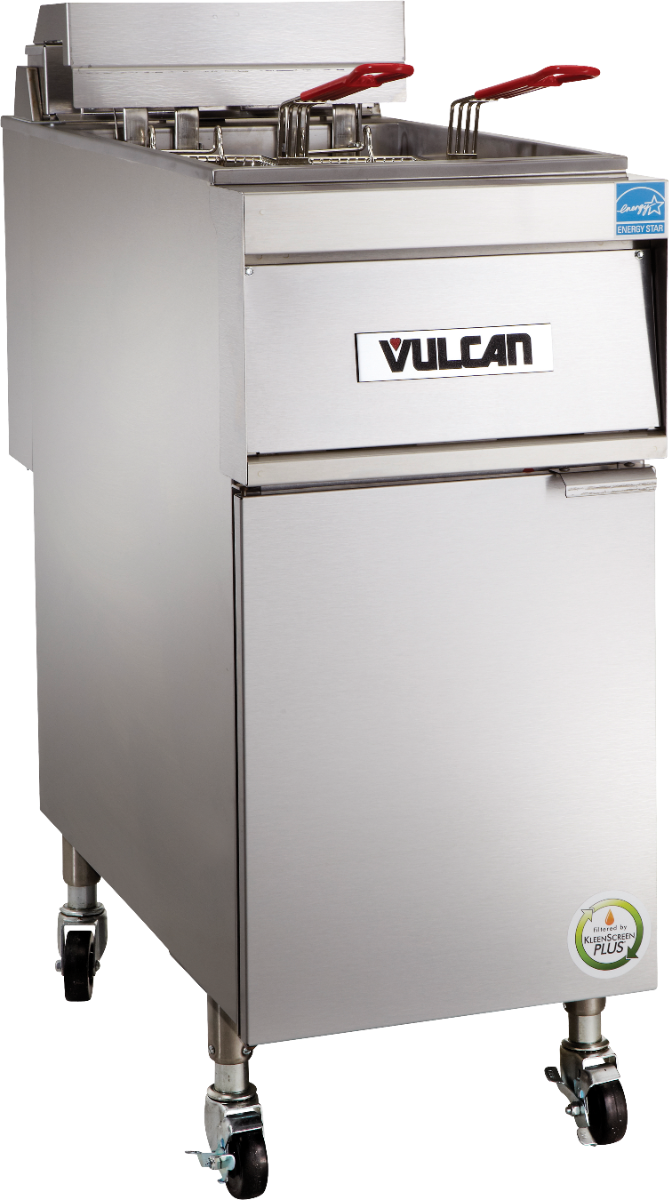Vulcan 1ER50AF Electric Floor Fryer with Analog Controls and KleenScreen Filtration - Holds 50 lbs. - 208/3-ph, 17kW