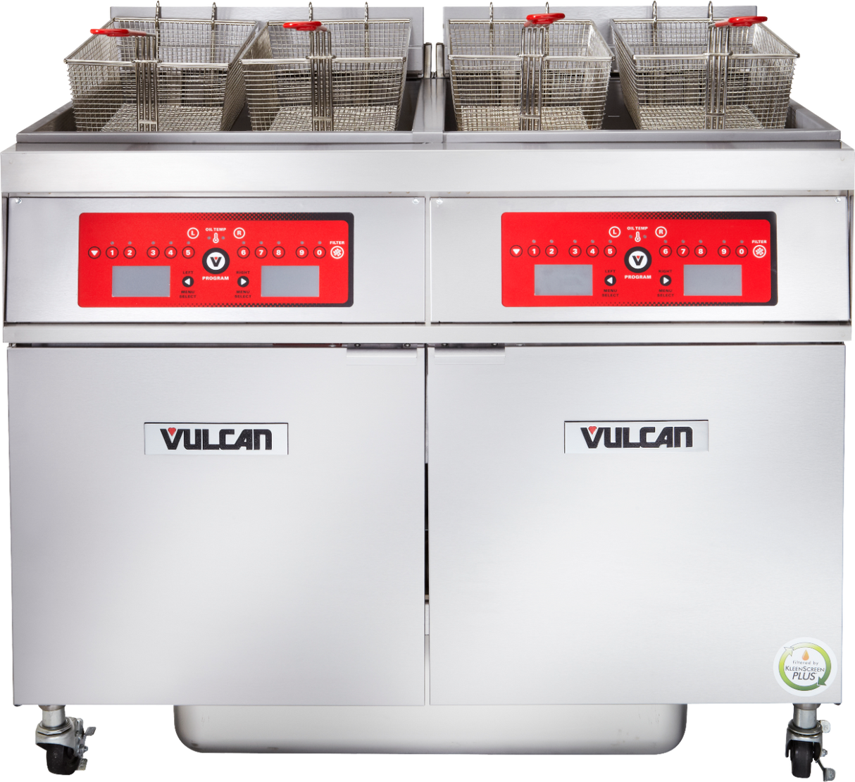 Vulcan 2ER85CF Two Bank Electric Floor Fryer with Computer Controls and KleenScreen Filtration - Holds 170 lbs. - 208v/3-ph, 24kW