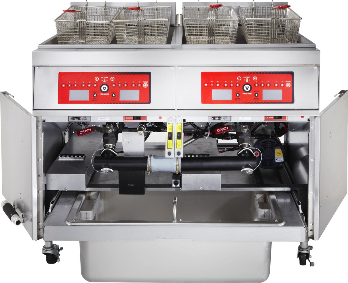 Vulcan 2ER85CF Two Bank Electric Floor Fryer with Computer Controls and KleenScreen Filtration - Holds 170 lbs. - 208v/3-ph, 24kW