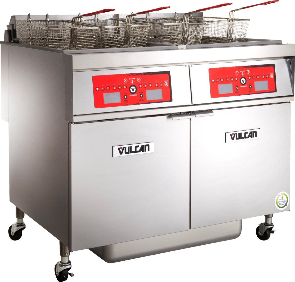Vulcan 2ER85CF Two Bank Electric Floor Fryer with Computer Controls and KleenScreen Filtration - Holds 170 lbs. - 208v/3-ph, 24kW
