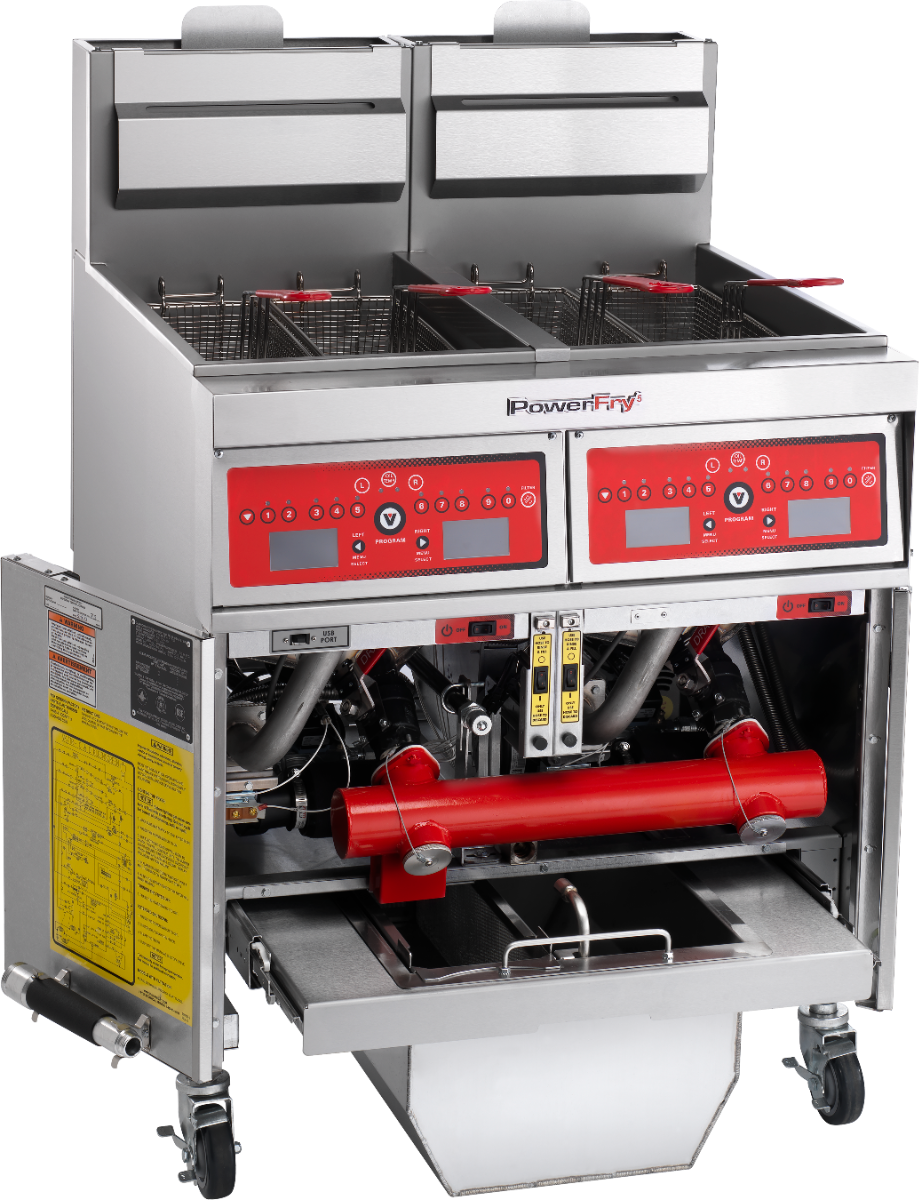 Vulcan 2VK45DF Two Bank Natural Gas Floor Fryer with PowerFry5, Solid State Digital Controls, and KleenScreen Filtration - Holds 90 to 100 lbs. - 140,000 BTU