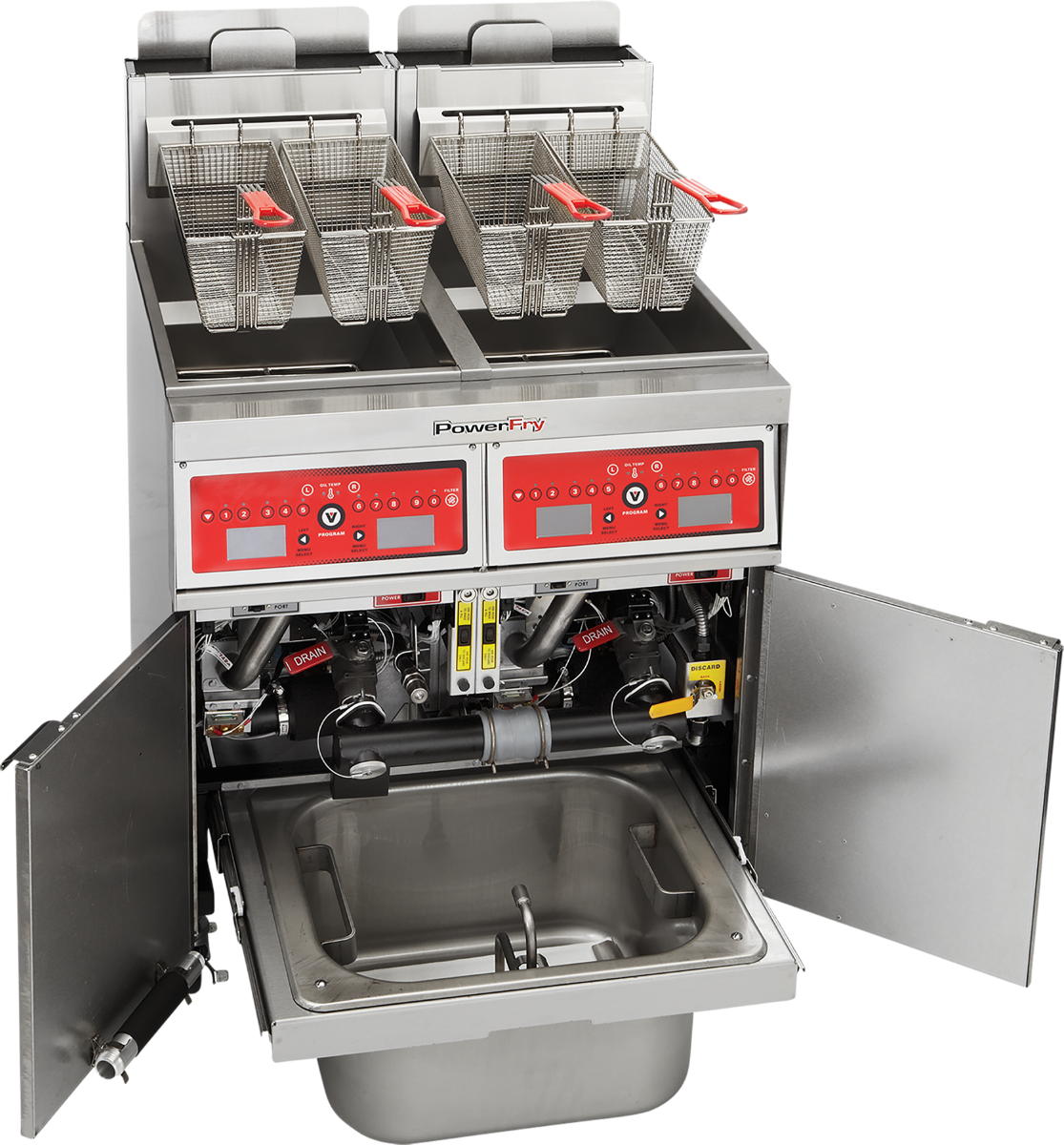Vulcan 2VK45DF Two Bank Natural Gas Floor Fryer with PowerFry5, Solid State Digital Controls, and KleenScreen Filtration - Holds 90 to 100 lbs. - 140,000 BTU