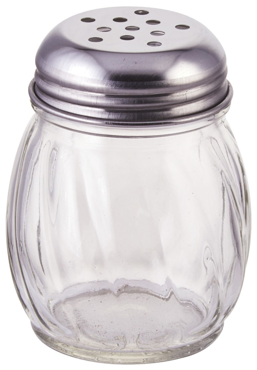 Winco G-107 Glass Swirl Cheese Shaker with Stainless Steel Perforated Top 6 oz. - Clear - 60/Case
