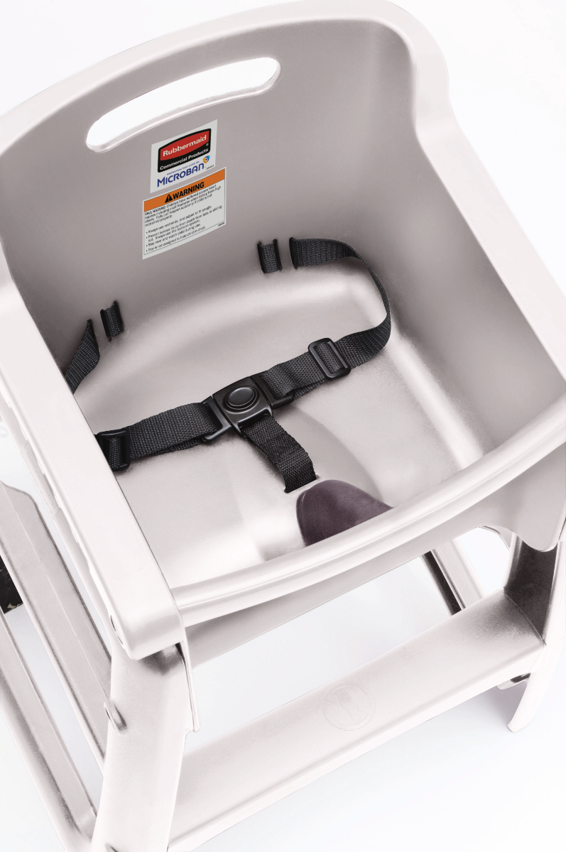Rubbermaid FG780608PLAT Sturdy Chair Stackable Plastic High Chair / Youth Seat with Waist Strap & w/o Wheels - Platinum - Assembled